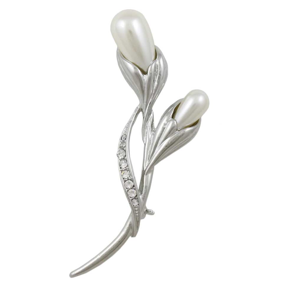 Lilylin Designs White Pearl Flower Buds with Crystal Leaf Brooch Pin