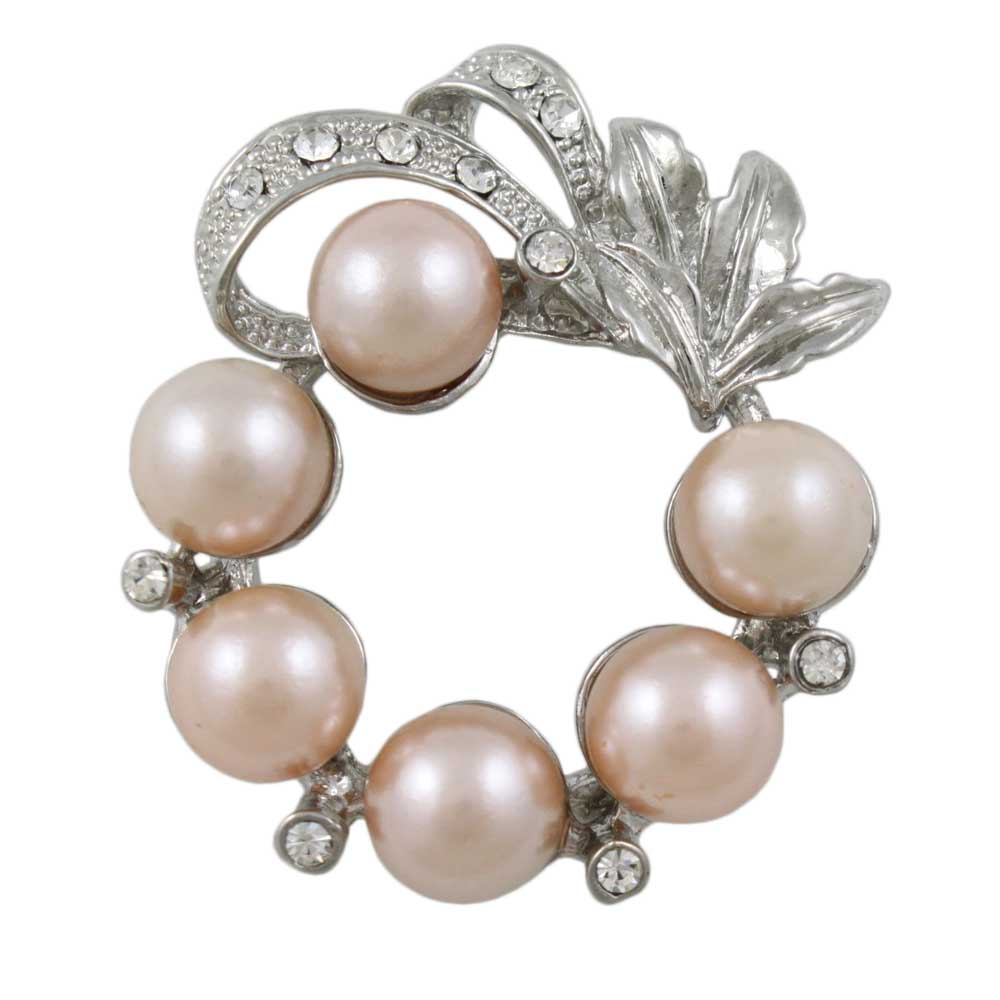 Peach Pearl Wreath with Clear Crystals Brooch Pin - PRP408 - Lilylin Designs