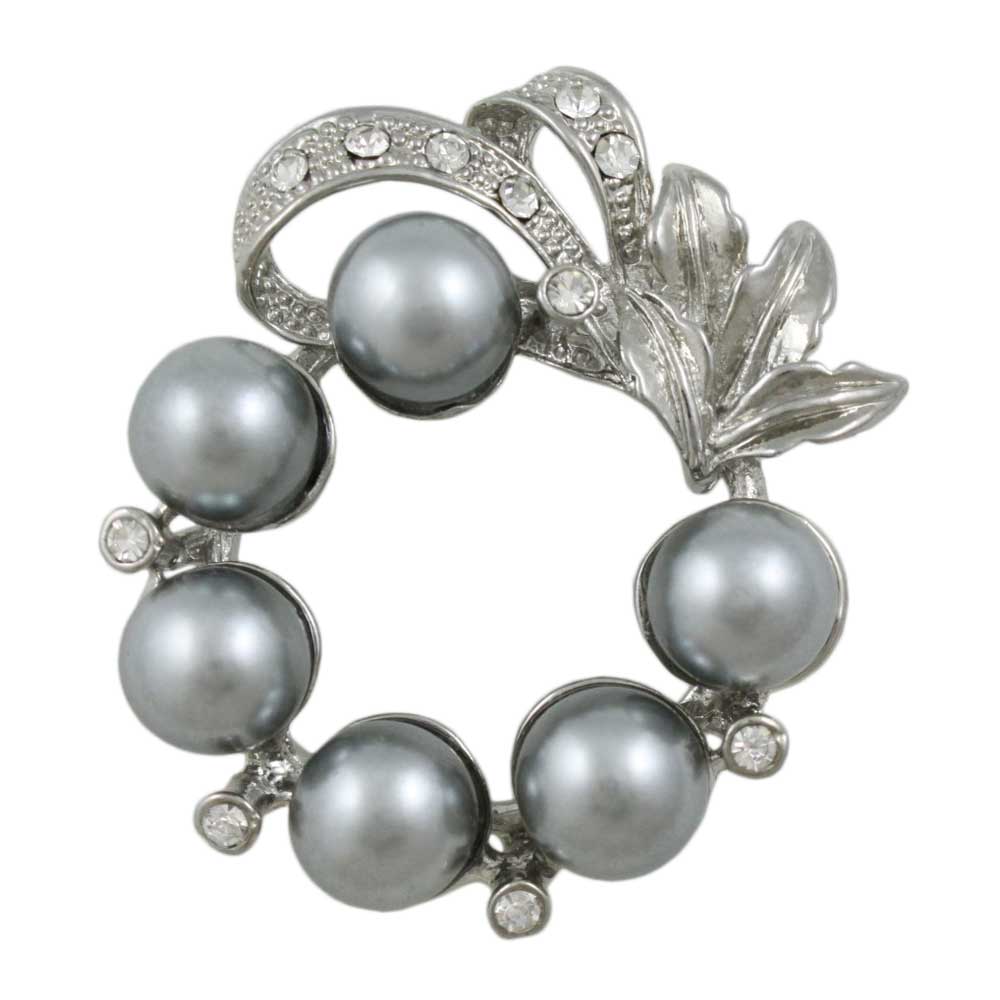 Gray Pearl Wreath with Clear Crystals Brooch Pin - PRP408GY - Lilylin Designs