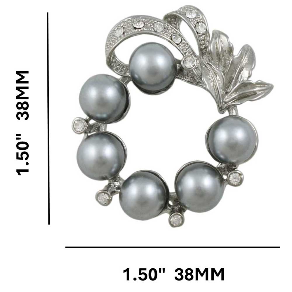 Gray Pearl Wreath with Clear Crystals Brooch Pin - PRP408GY - Lilylin Designs