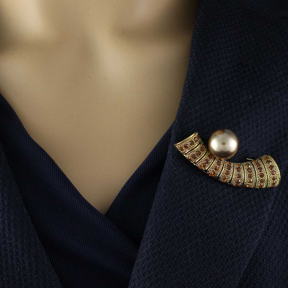 Antique Gold Bar with Brown Crystals and Brown Pearl Brooch Pin - PRP561 - Lilylin Designs
