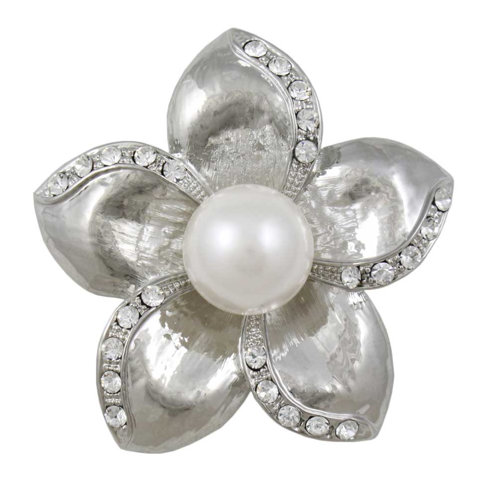 ファッション通販 安い Large White Pearl Brooch Pin with Crystal Flower- PRP619 真珠