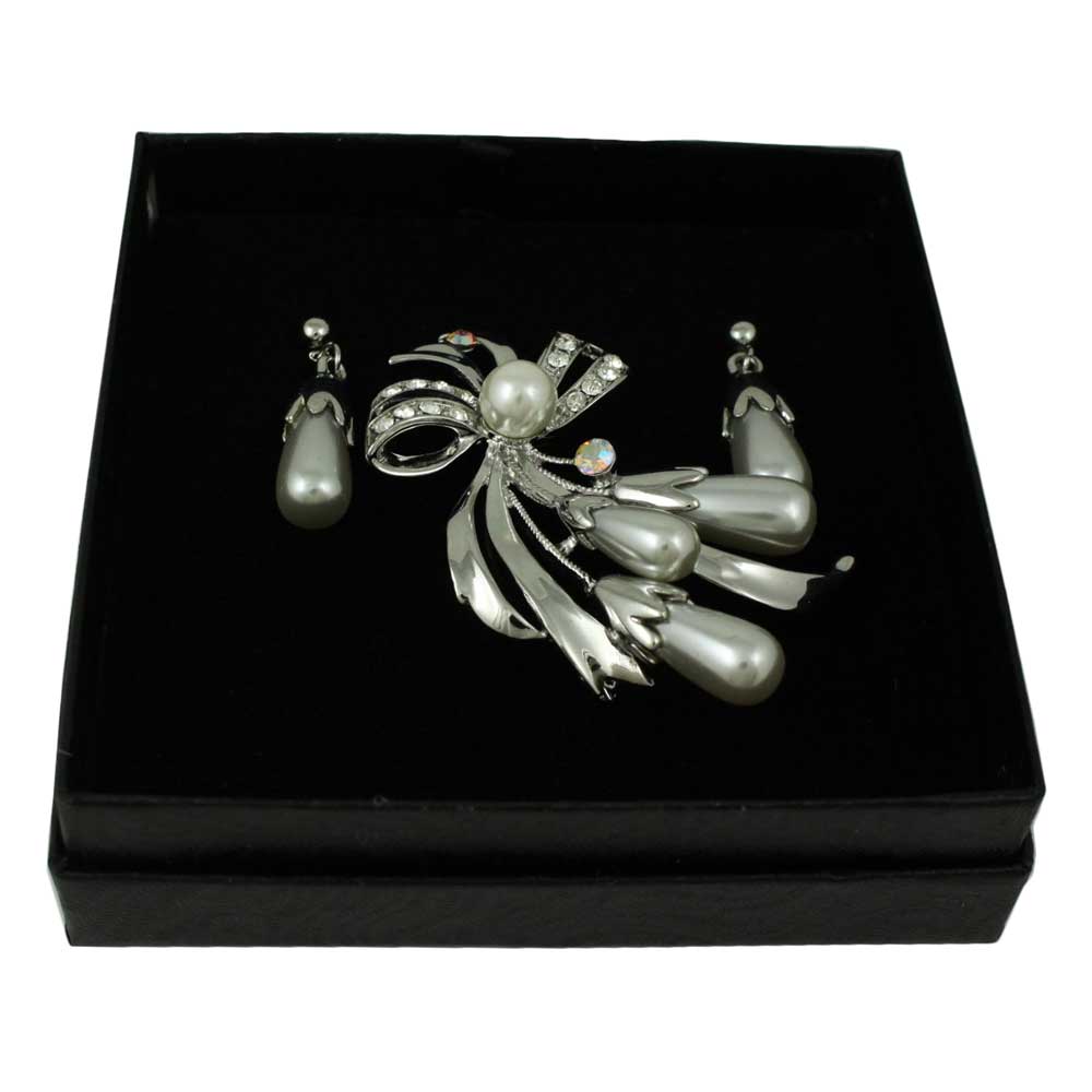 Light Gray Pearls Pin with Dangling Pearl Earring Set - PRP743BS - Lilylin Designs
