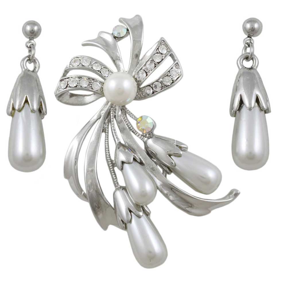 Light Gray Pearls Pin with Dangling Pearl Earring Set - PRP743BS - Lilylin Designs