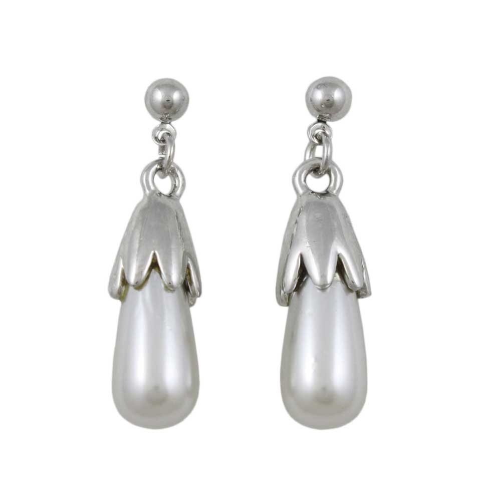 Light Gray Teardrop Pearl Dangling Pierced Earring - PRP743E - Lilylin Designs