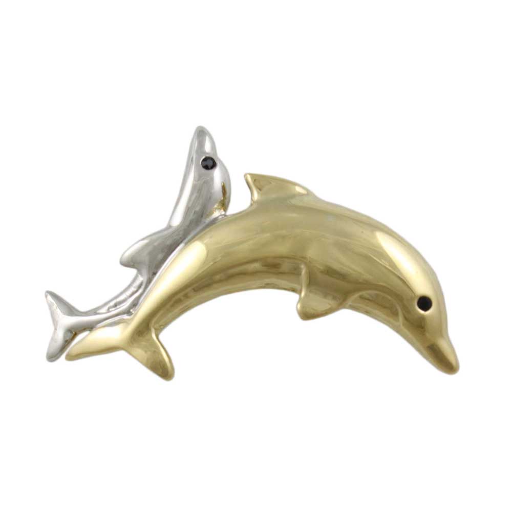 Gold and Silver Piggyback Dolphins Brooch Pin - PRS634 - Lilylin Designs