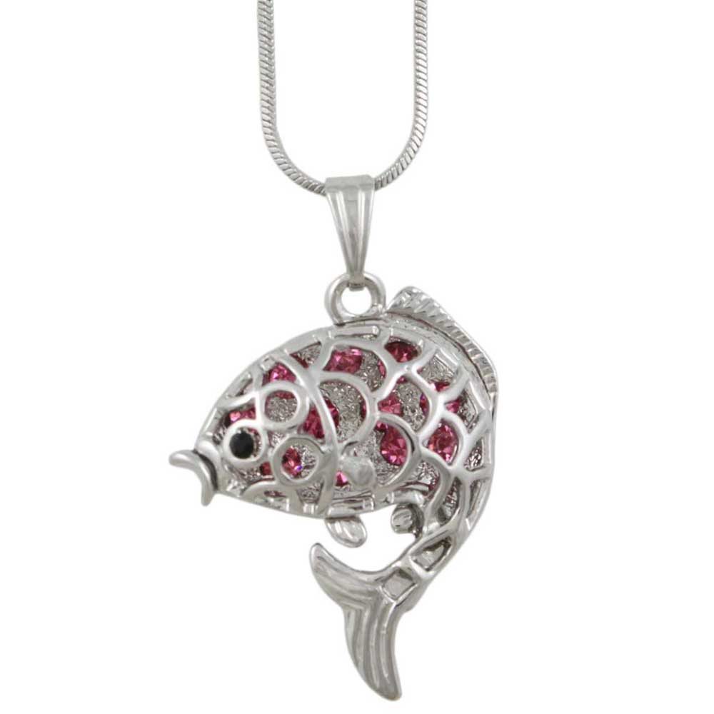 Pink Crystal 3D Fish Pendant on Silver - tone Chain - PT103 - Lilylin Designs