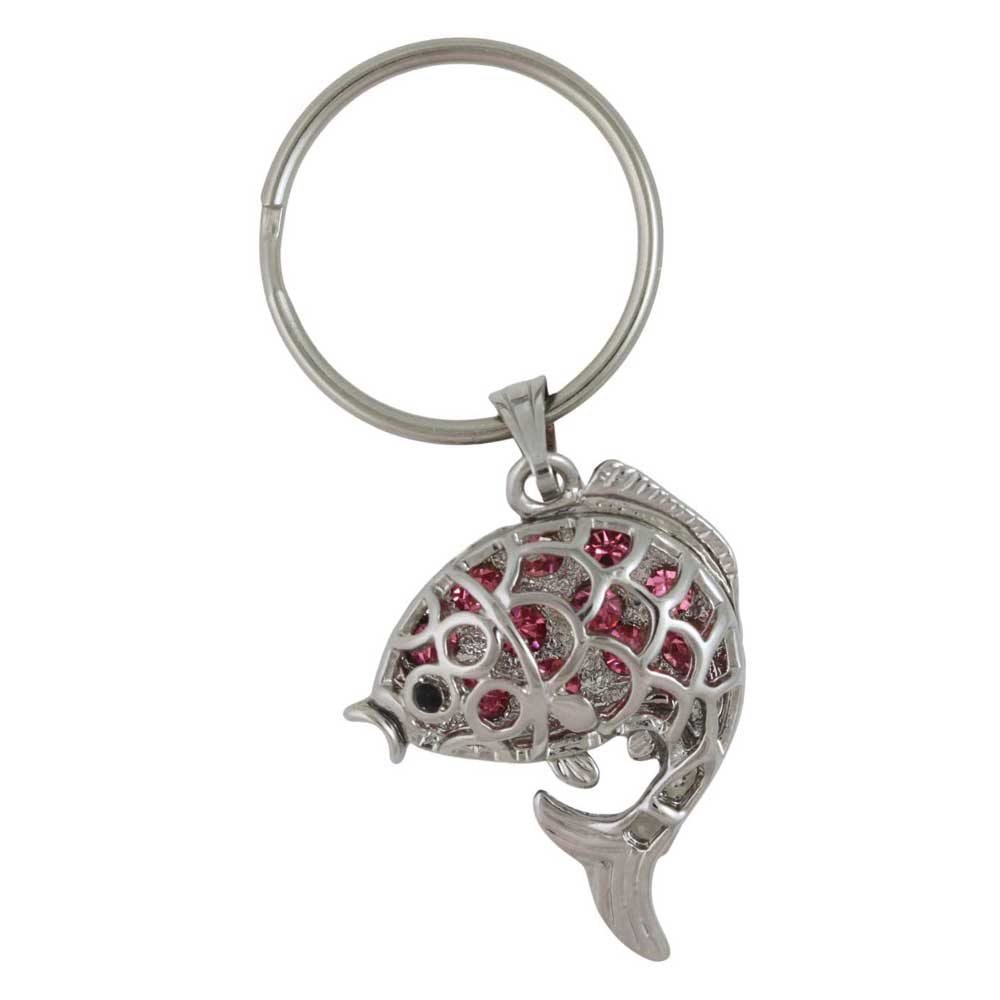 Silver fish-shaped keychain with pink crystals on a white background - Lilylin Designs