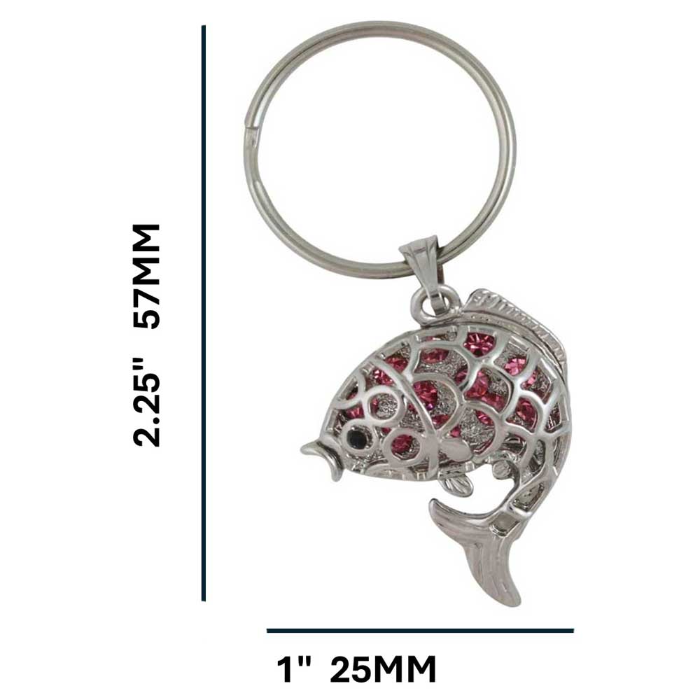 Silver fish-shaped keychain with pink crystals on a white background with measurements - Lilylin Designs