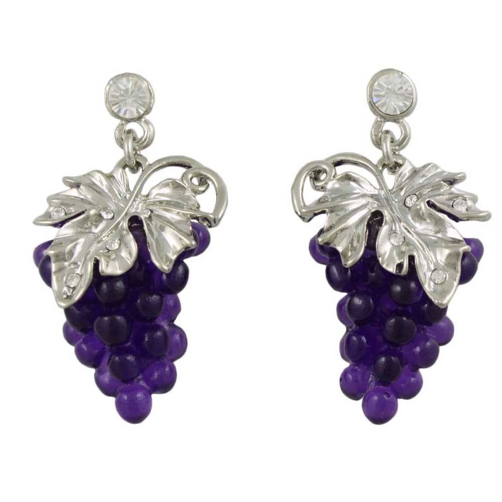 Purple Grapes with Silver Leaves Dangling Pierced Earring - PT202E - Lilylin Designs