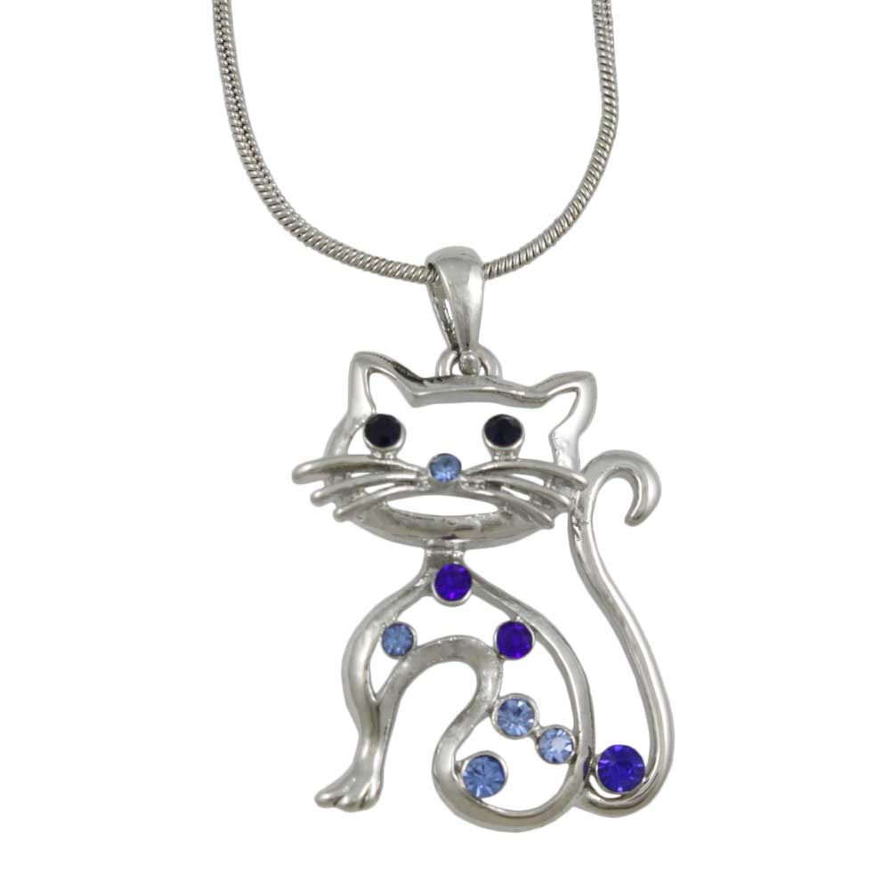 Blue Crystal Cat Pendant on 18 inch Silver - tone Chain - PT318 - Lilylin Designs