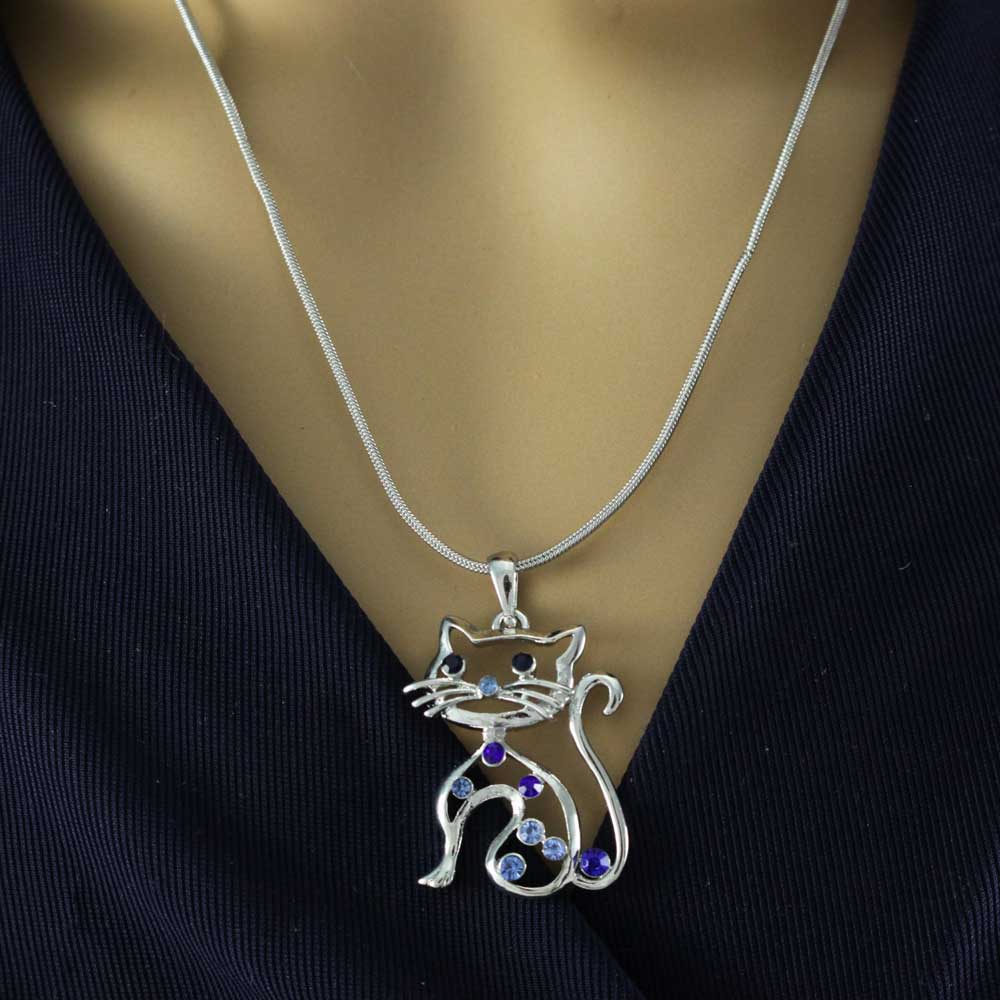 Blue Crystal Cat Pendant on 18 inch Silver - tone Chain - PT318 - Lilylin Designs