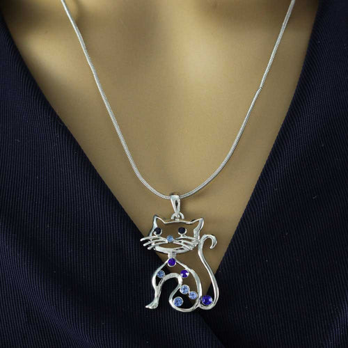 Blue Crystal Cat Pendant on 18 inch Silver - tone Chain - PT318 - Lilylin Designs