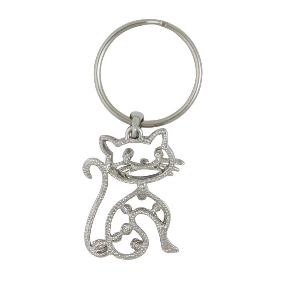 Silver cat-shaped keychain on a white background - Lilylin Designs