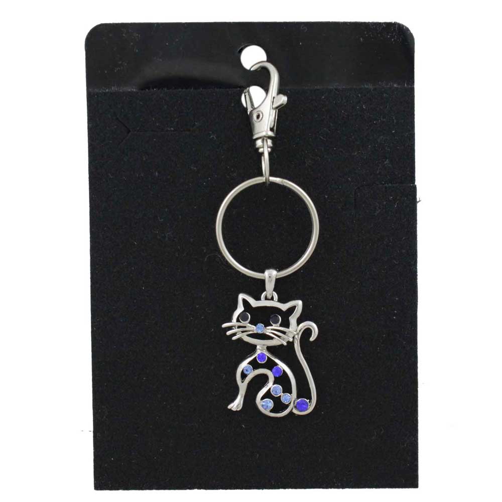 Cat-shaped keychain with blue stones on a black card - Lilylin Designs