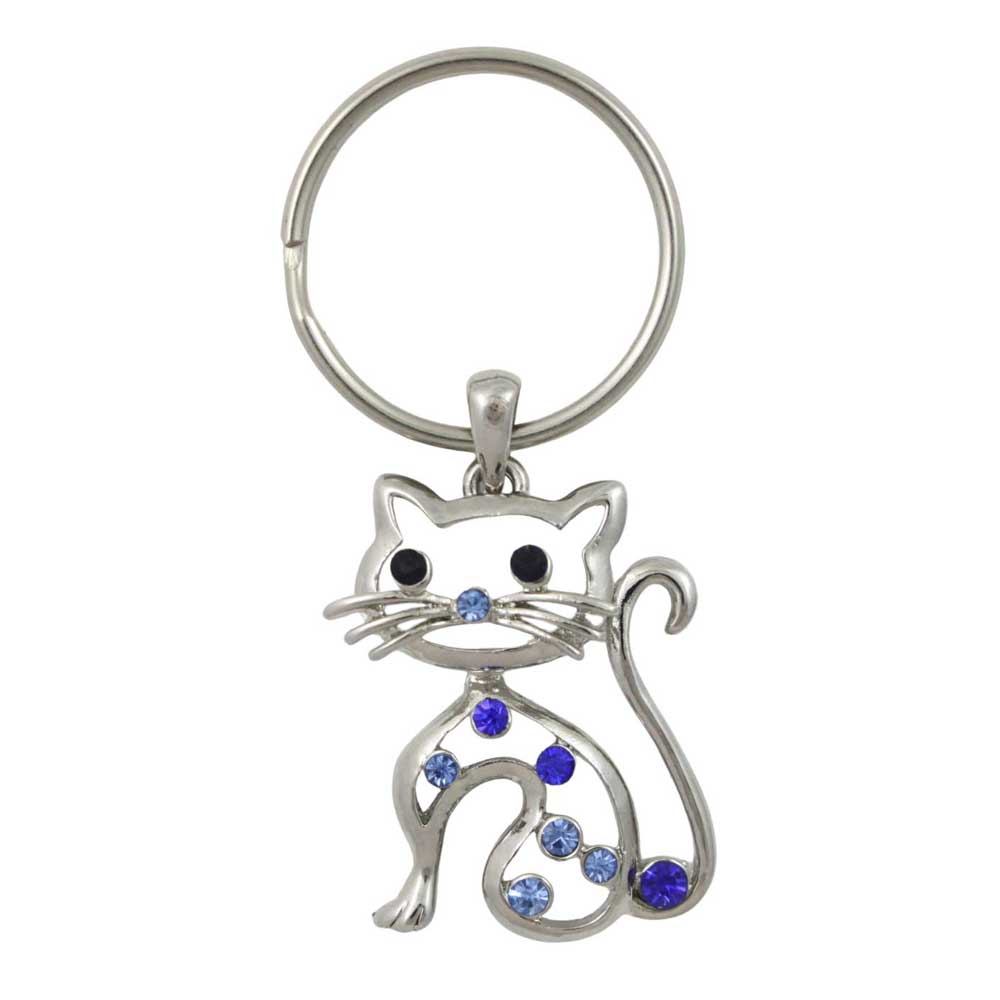 Cat-shaped keychain with blue crystals on a white background - Lilylin Designs