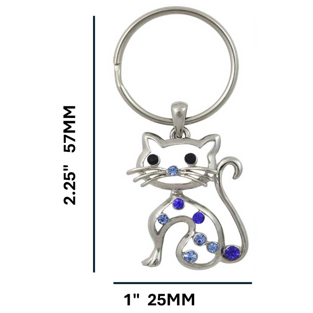 Cat-shaped keychain with blue crystals on a white background with measurements - Lilylin Designs
