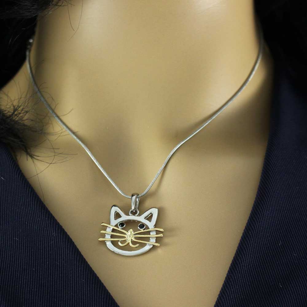 Silver and Gold Cat Head Pendant with Silver Chain - PT324 - Lilylin Designs