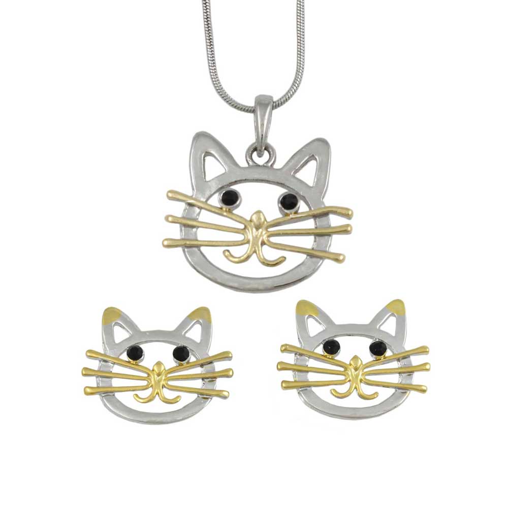 Lilylin Designs Silver and Gold Cat Face Necklace and Pierced Earring Gift Set
