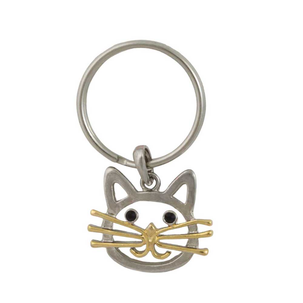 Cat head keychain with gold whiskers on a white background - Lilylin Designs