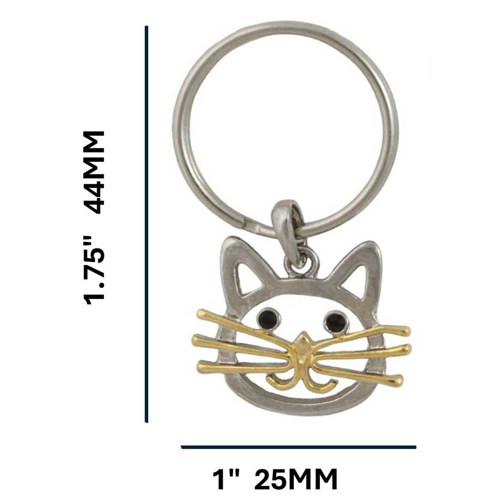 Cat head keychain with gold whiskers on a white background with measurements - Lilylin Designs