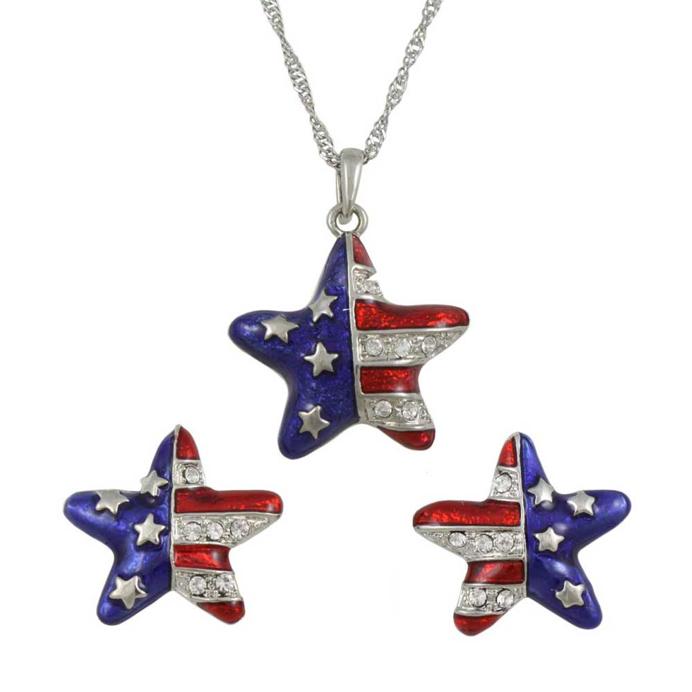 Crystal Patriotic Star Necklace and Earring Boxed Gift Set - PT326BS - Lilylin Designs