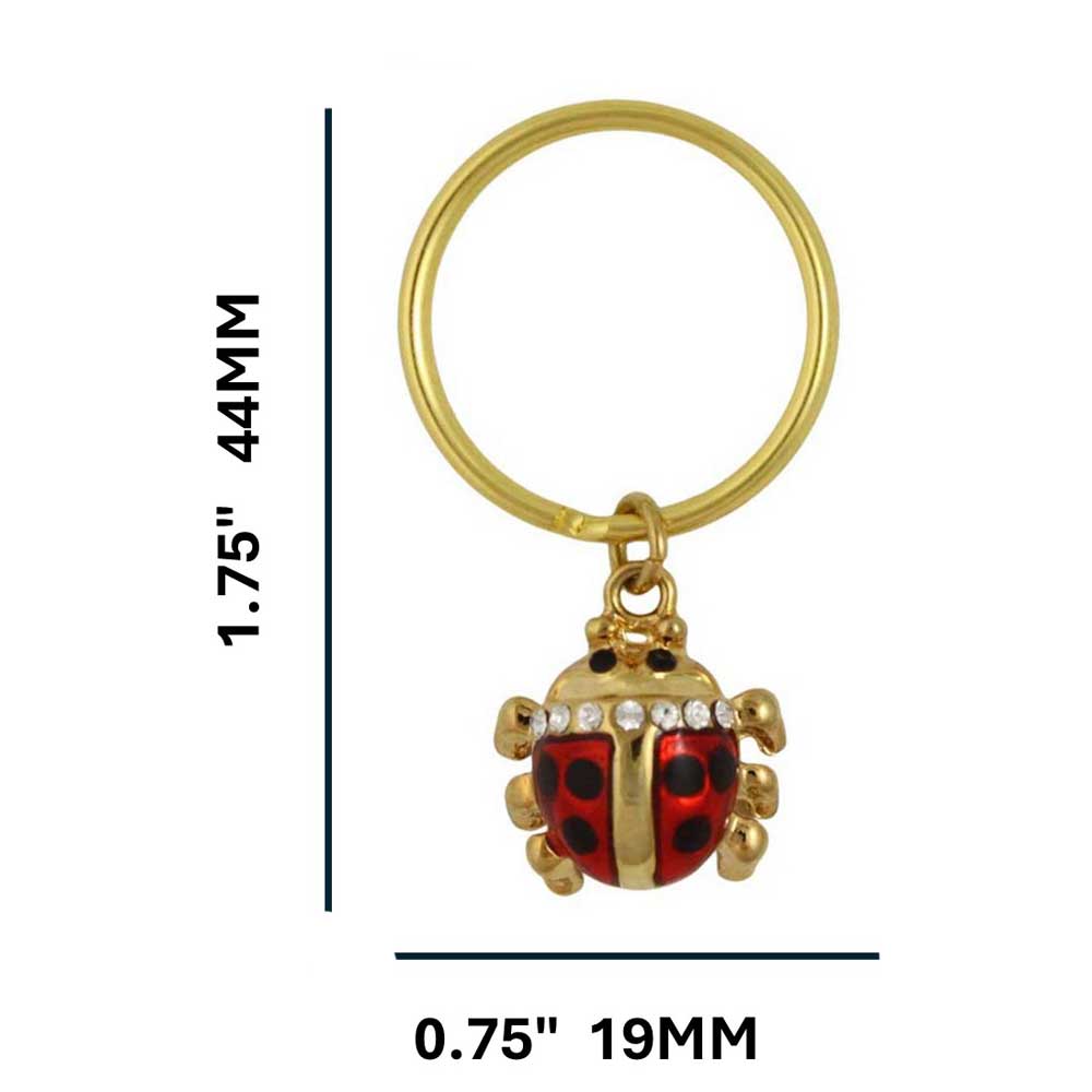 Gold keychain with a red ladybug charm on a white background with measurements - Lilylin Designs