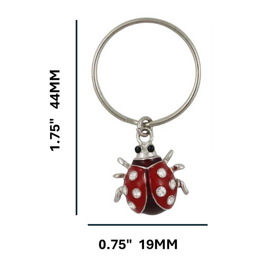 Keychain with a red and crystals ladybug charm on a white background with measurements - Lilylin Designs
