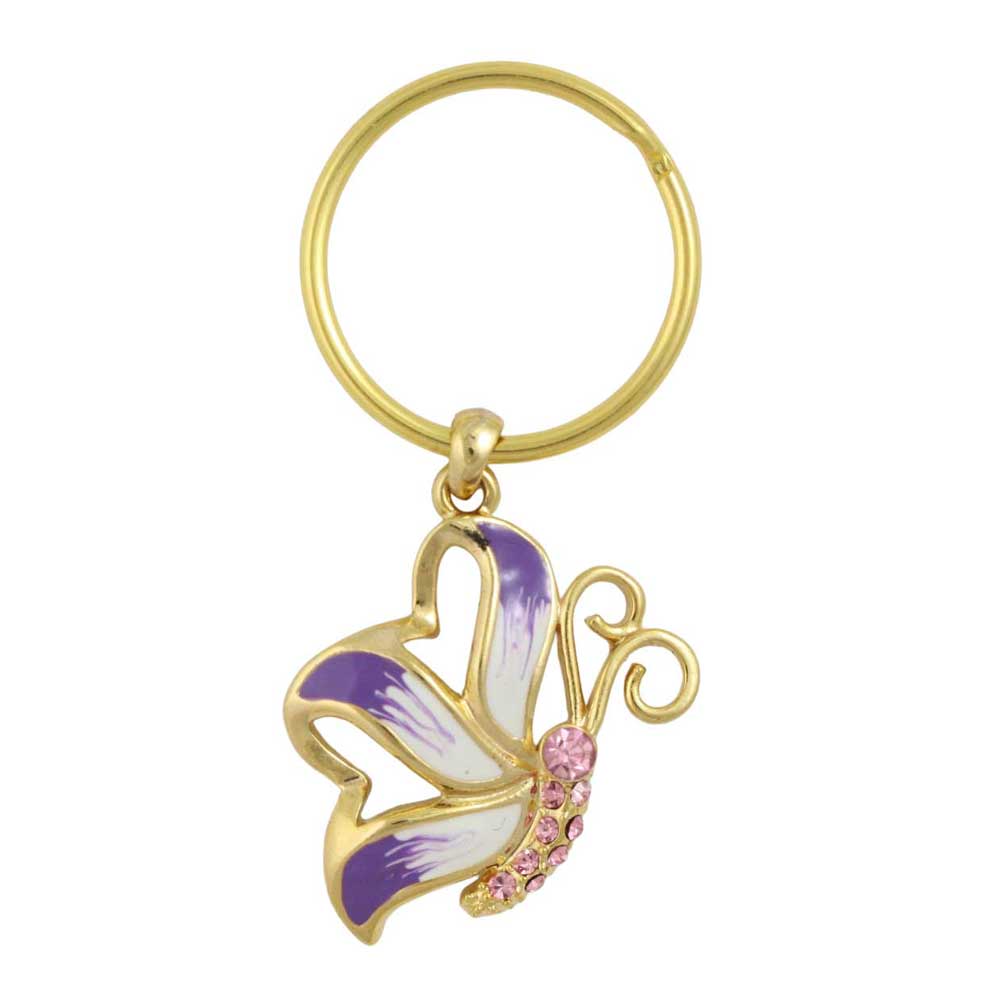 Gold keychain with a purple butterfly charm on a white background - Lilylin Designs