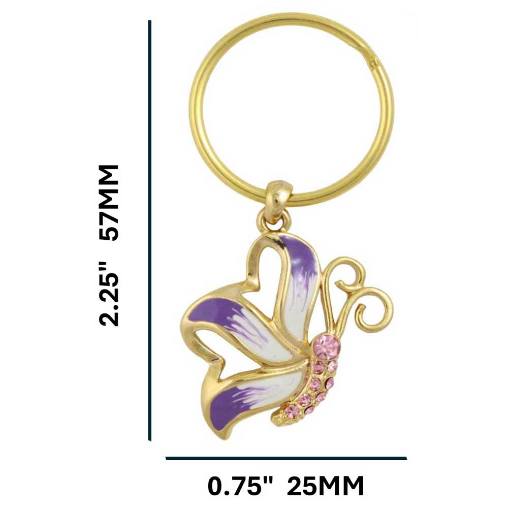 Gold keychain with a purple butterfly charm on a white background with measurements - Lilylin Designs