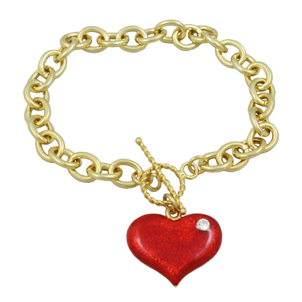 Link Bracelet with Red Enamel and Crystal Heart Charm - PT330B - Lilylin Designs