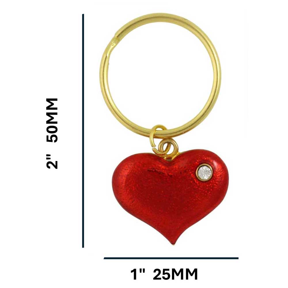 Red heart-shaped keychain with gold clasp on a white background with measurements - Lilylin Designs