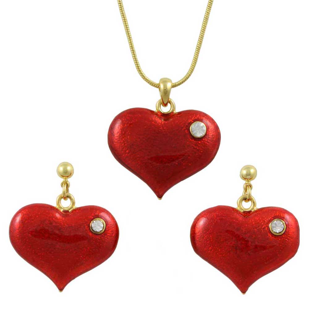 Red Enamel and Crystal Heart Necklace and Earring Set - PT330BS - Lilylin Designs