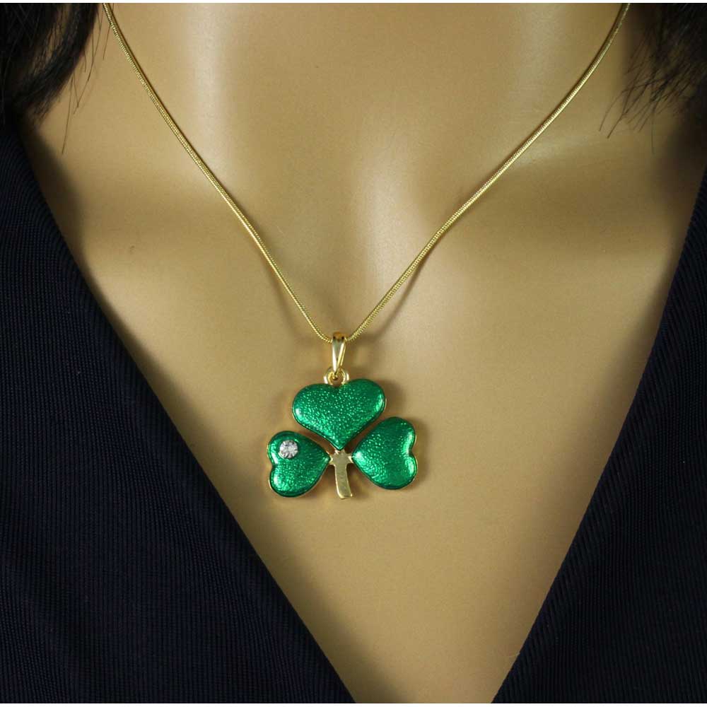 Green Enamel and Crystal Shamrock Clover Necklace - PT333 - Lilylin Designs