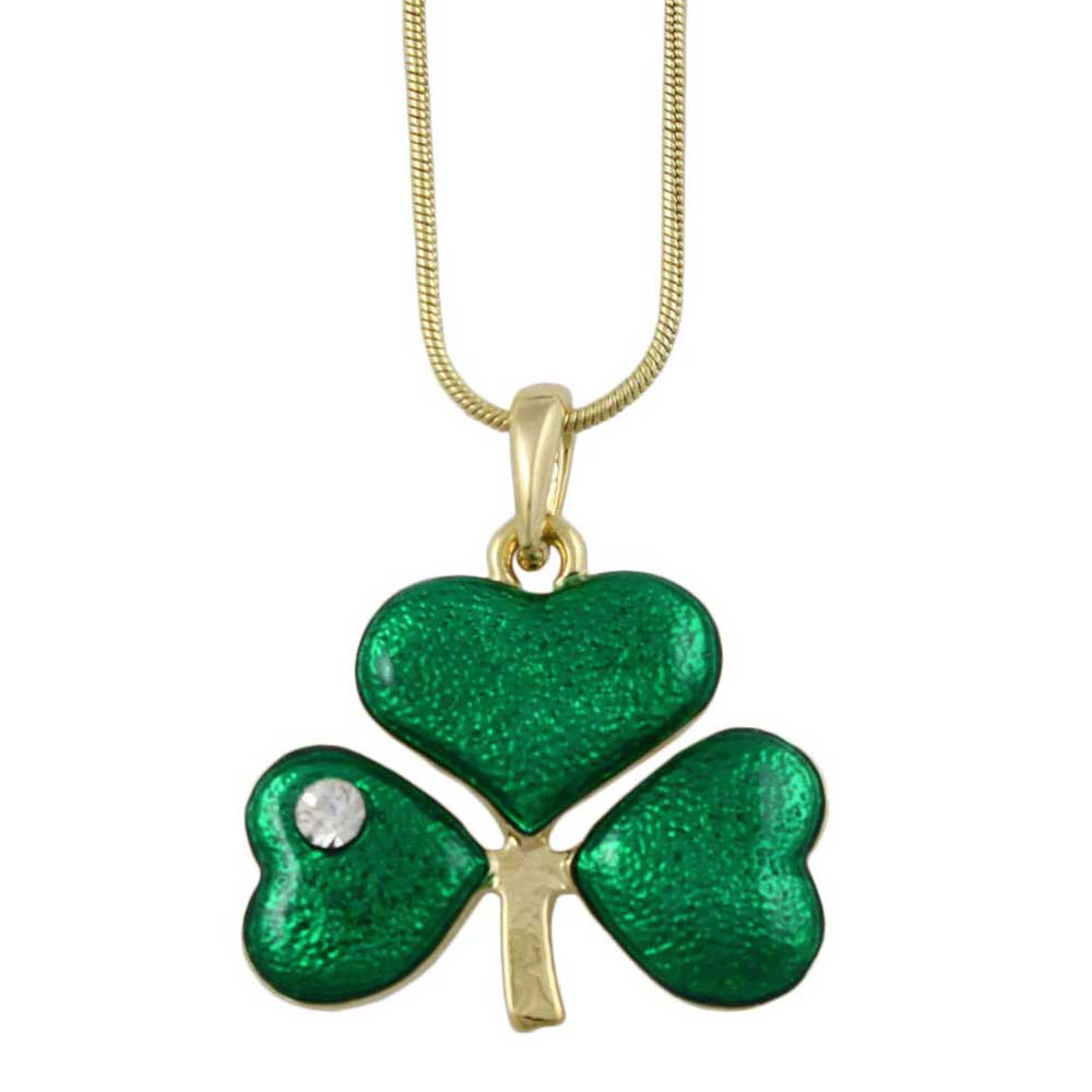 Green Enamel and Crystal Shamrock Clover Necklace - PT333 - Lilylin Designs