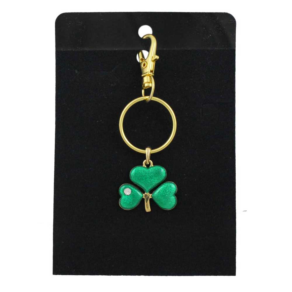 Green shamrock keychain with gold clasp on a black card - Lilylin Designs