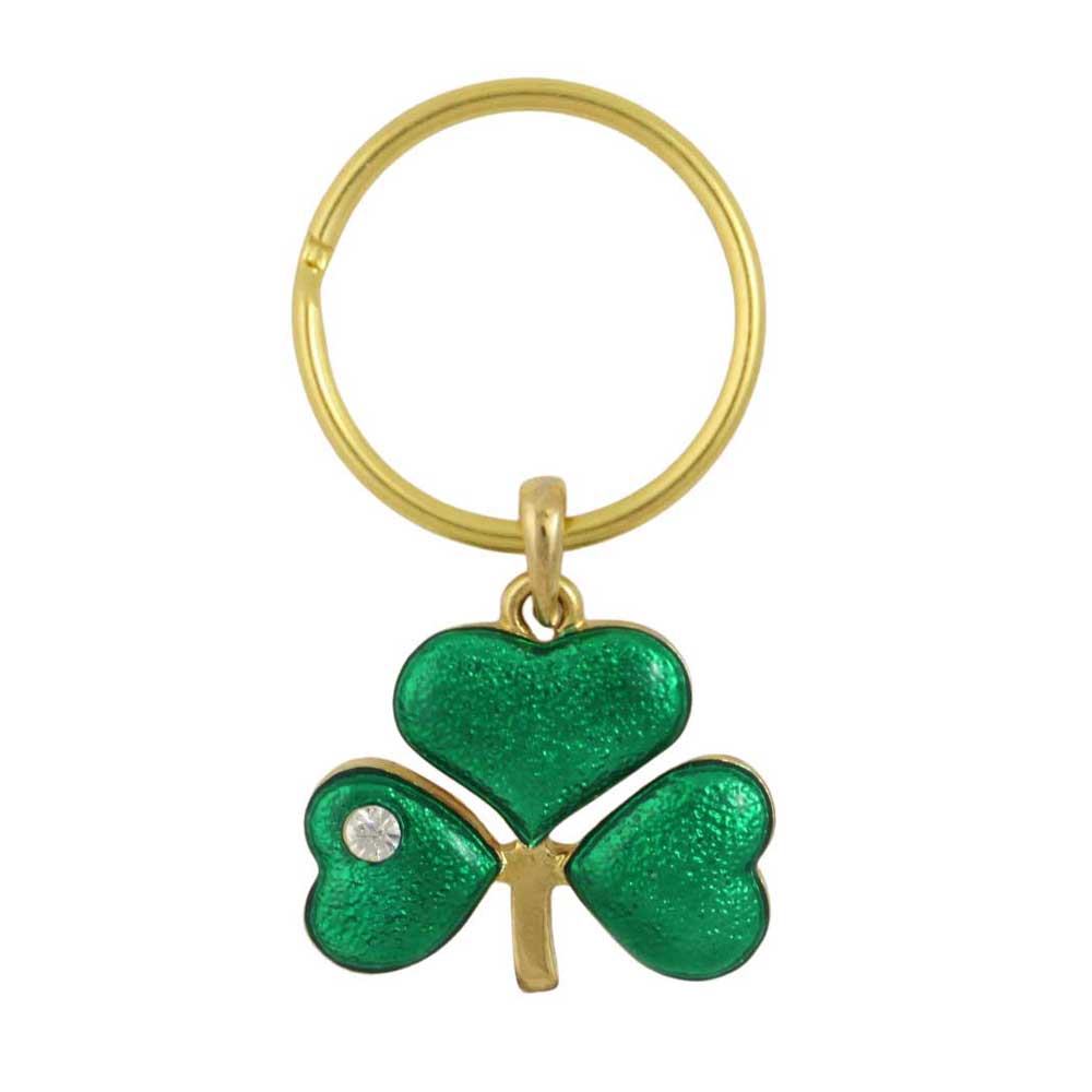 Green shamrock keychain with gold ring on a white background - Lilylin Designs