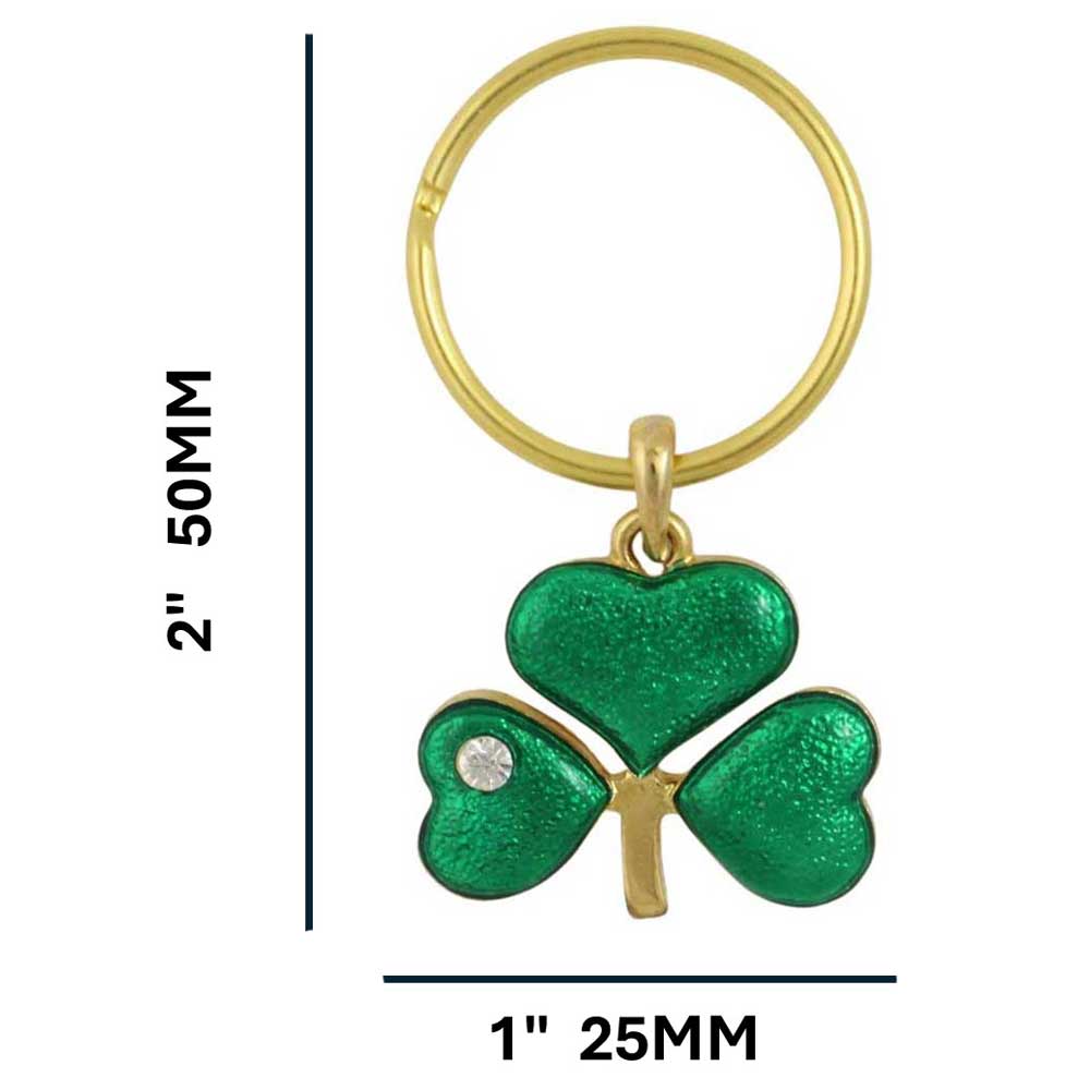 Green shamrock keychain with gold ring on a white background with measurements - Lilylin Designs