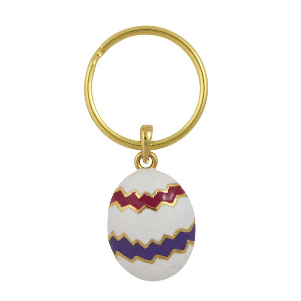 Keychain with a white egg-shaped pendant featuring purple and red zigzag patterns, attached to a gold ring on a white background - Lilylin Designs