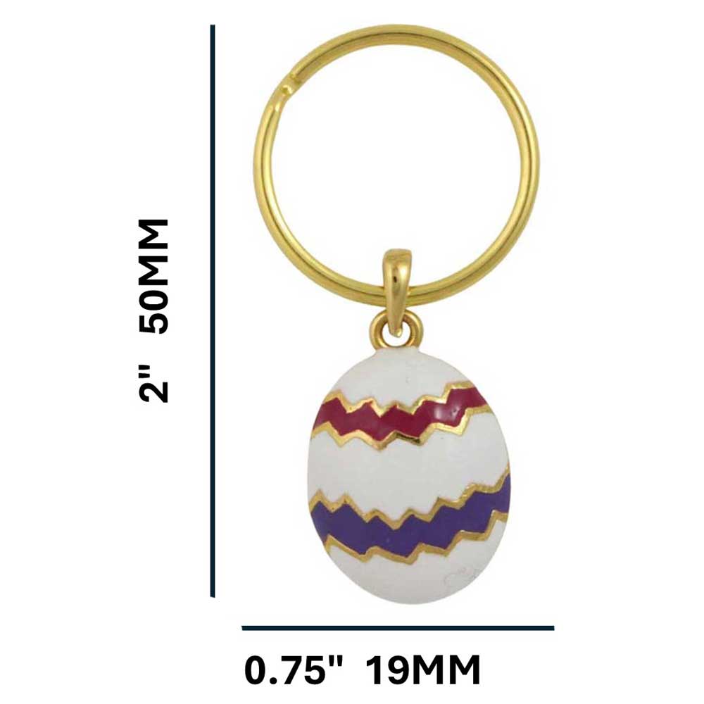 Keychain with a white egg-shaped pendant featuring purple and red zigzag patterns, attached to a gold ring with measurements - Lilylin Designs