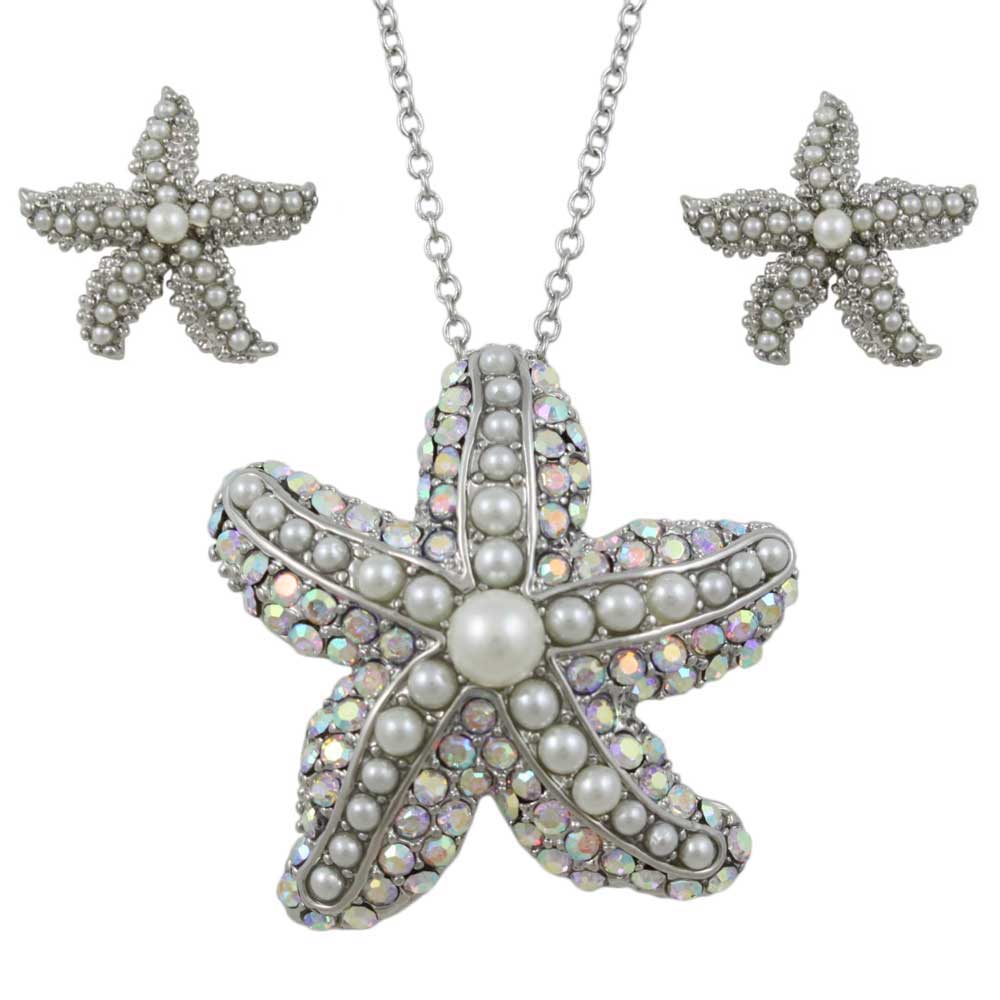 Pearl and Crystal Starfish Necklace and Earring Gift Set - PT337PBS - Lilylin Designs