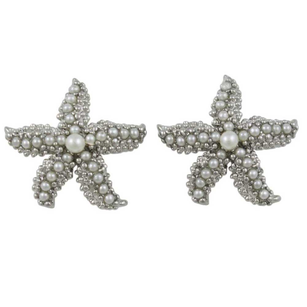 Textured Silver Starfish with White Pearls Pierced Earring - PT337E - Lilylin Designs