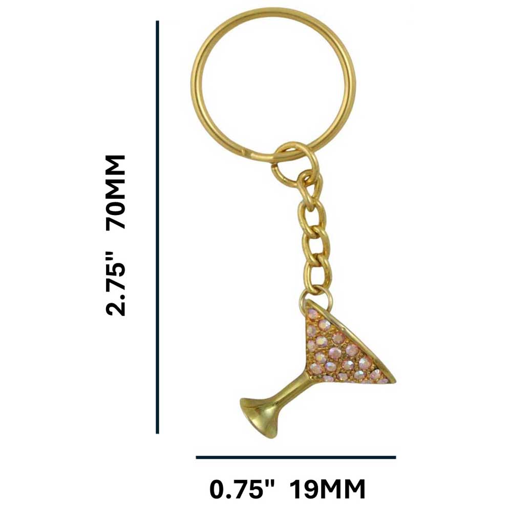 Gold martini glass keychain with crystals on a white background with measurements - Lilylin Designs