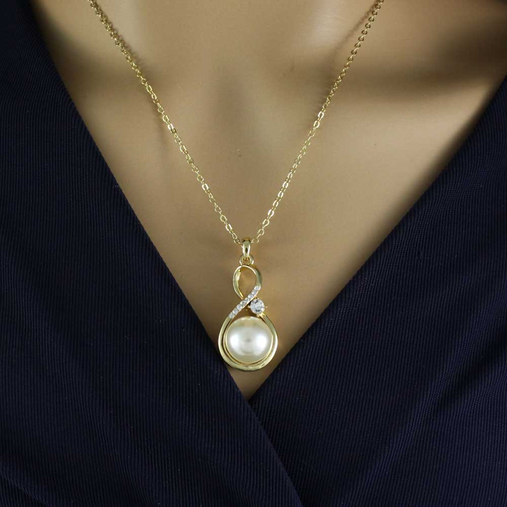 Model with Lilylin Designs Pearl and Crystal Figure 8 Pendant Necklace and Earring Set-necklace