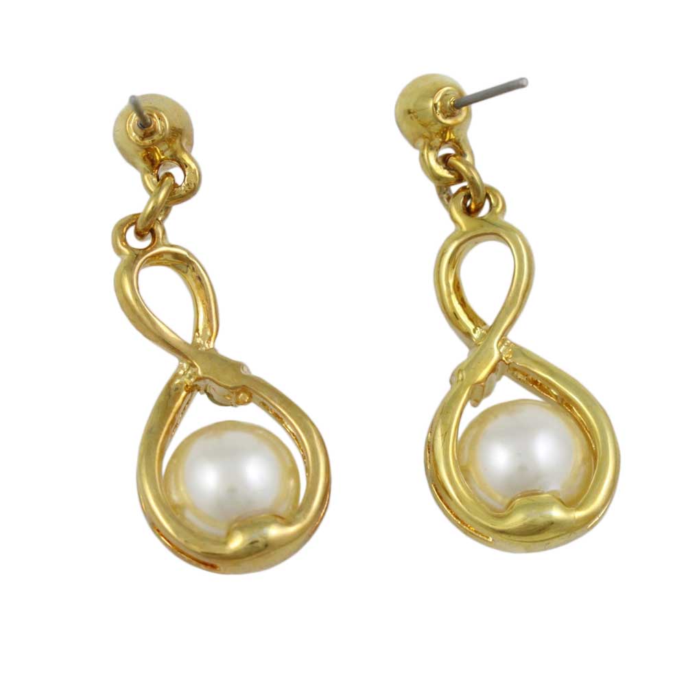 Gold Figure 8 with White Pearl and Crystals Pierced Earring - PT406E - Lilylin Designs