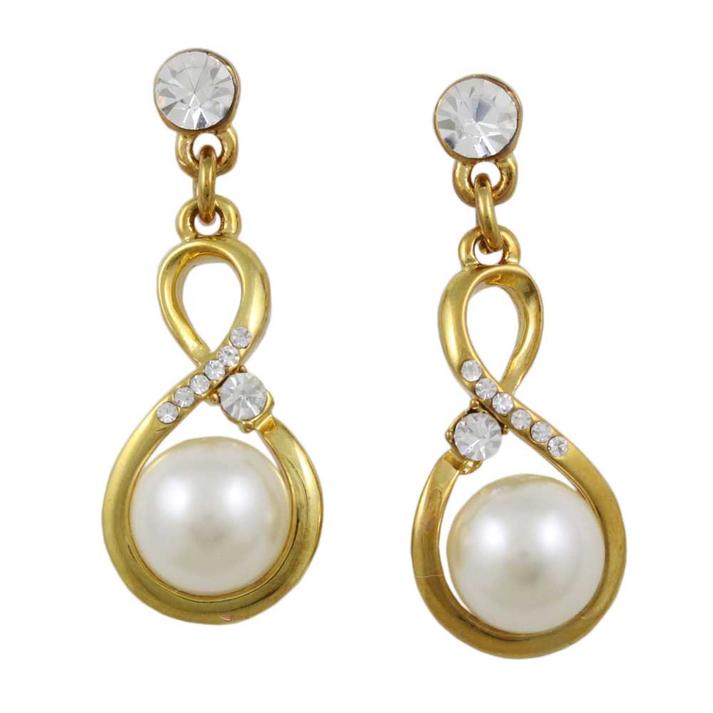 Gold Figure 8 with White Pearl and Crystals Pierced Earring - PT406E - Lilylin Designs