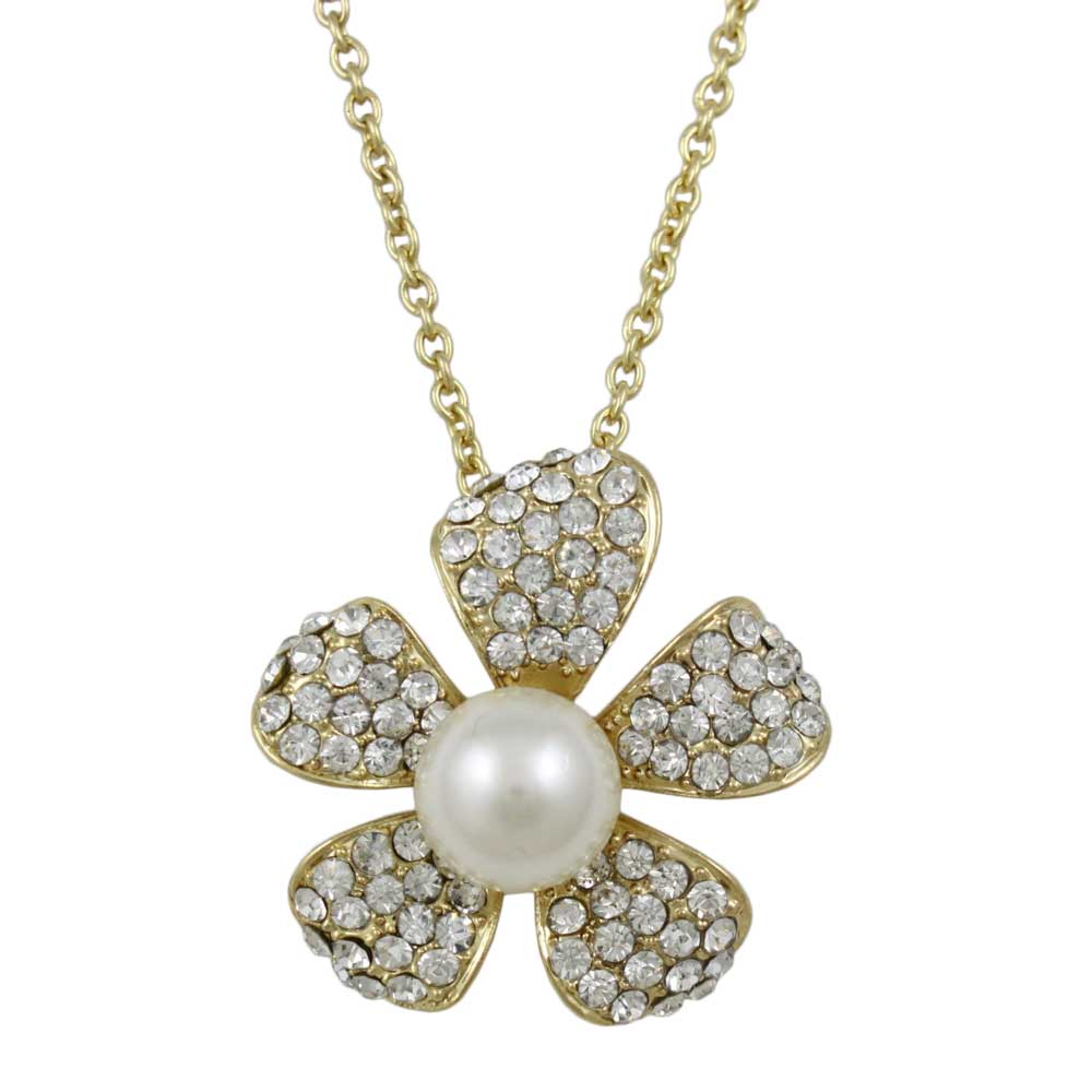Crystal and Pearl Flower Pendant on Gold - tone Chain - PT408 - Lilylin Designs