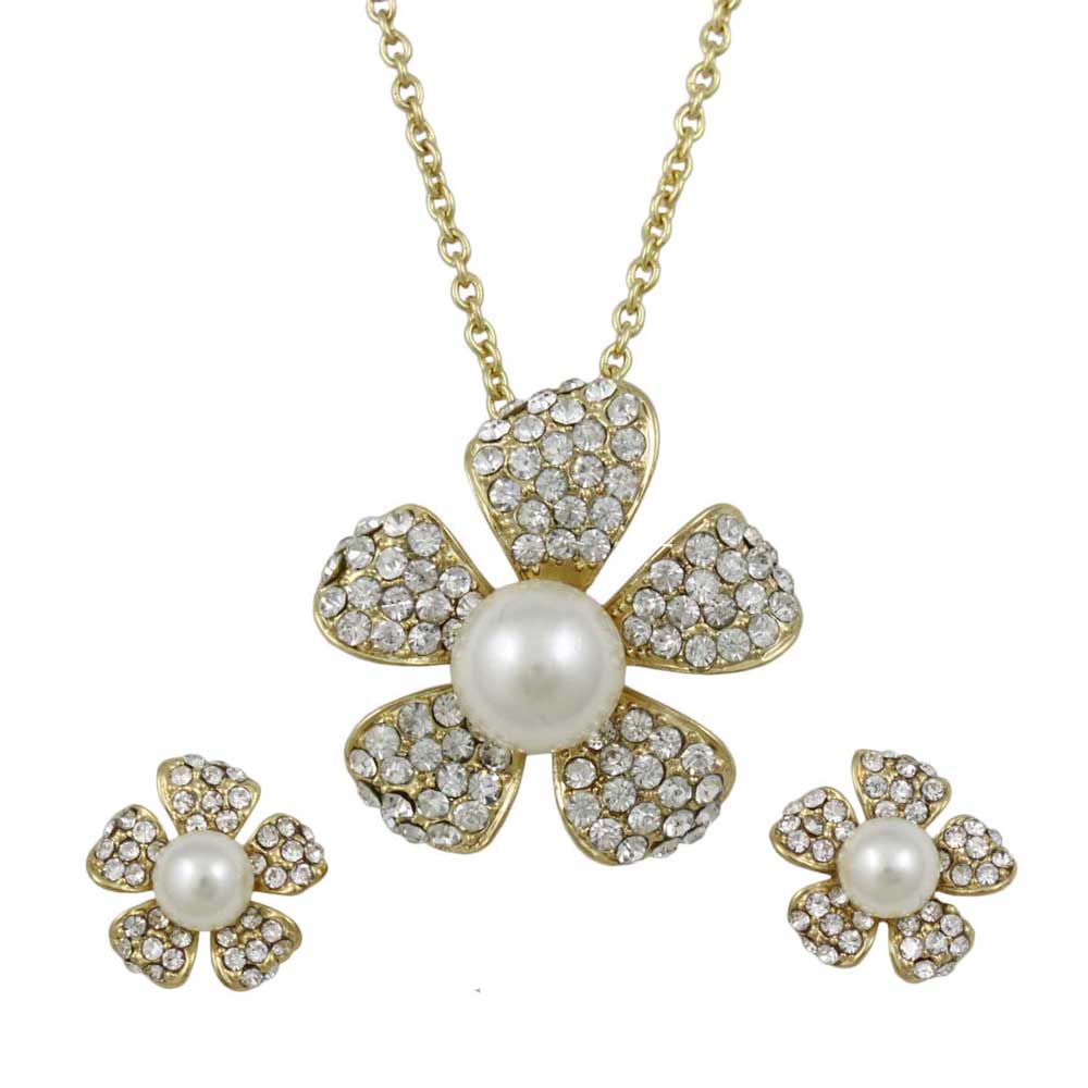 Pearl and Crystal Flower Necklace and Earring Jewelry Gift Set - PT408BS - Lilylin Designs