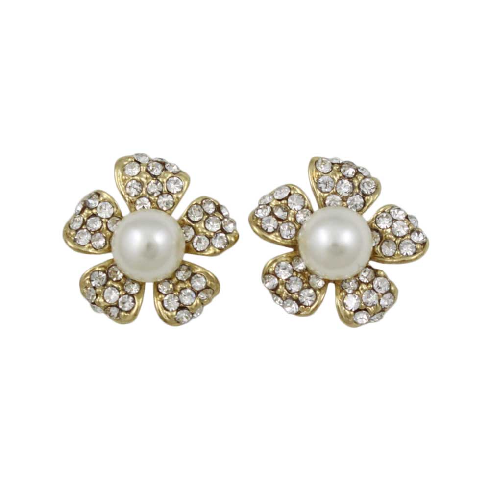 Small Crystal Flower with White Pearl Pierced Earring - PT408E - Lilylin Designs