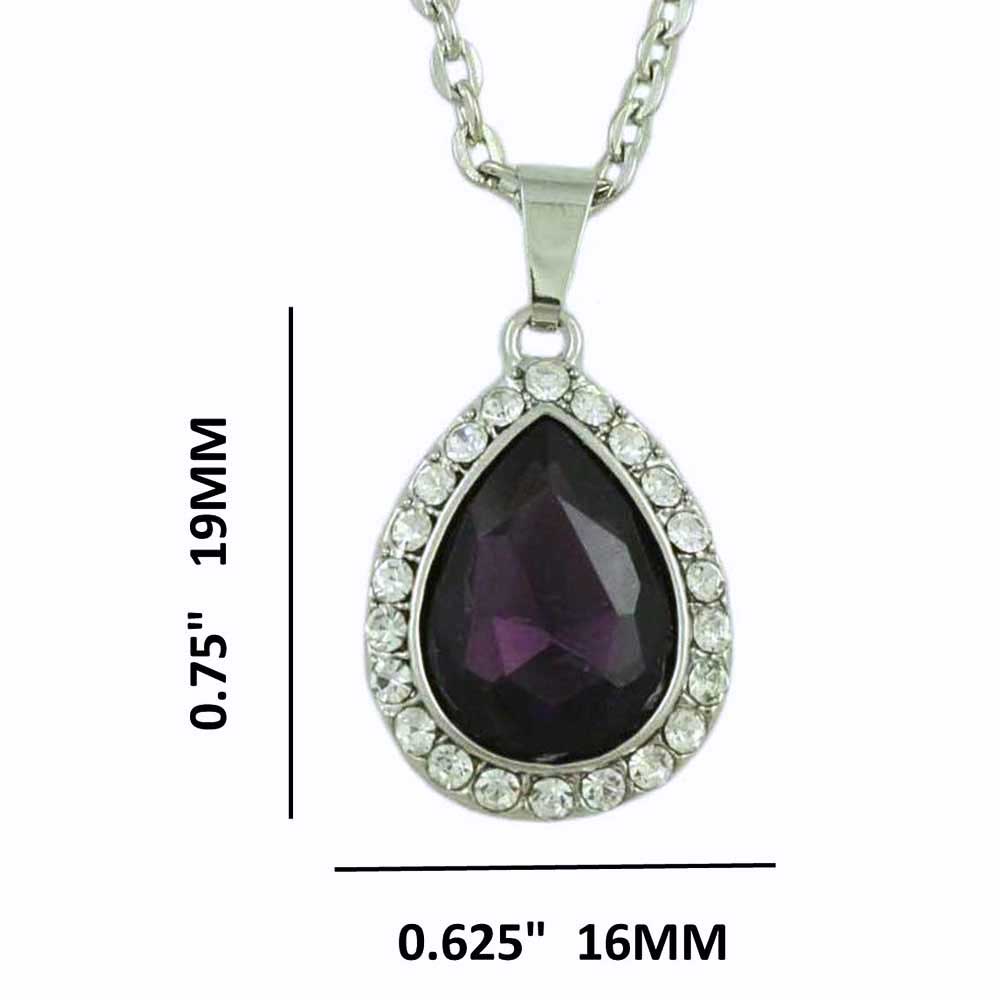 Necklace with a purple teardrop pendant and chain, showing measurements on a white background - Lilylin Designs
